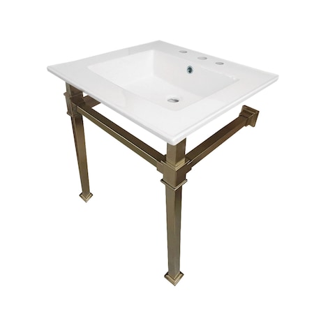 Kingston Brass KVPB25228Q7 25-Inch Ceramic Console Sink (8" Faucet Drilling), White/Brushed Brass KVPB25228Q7